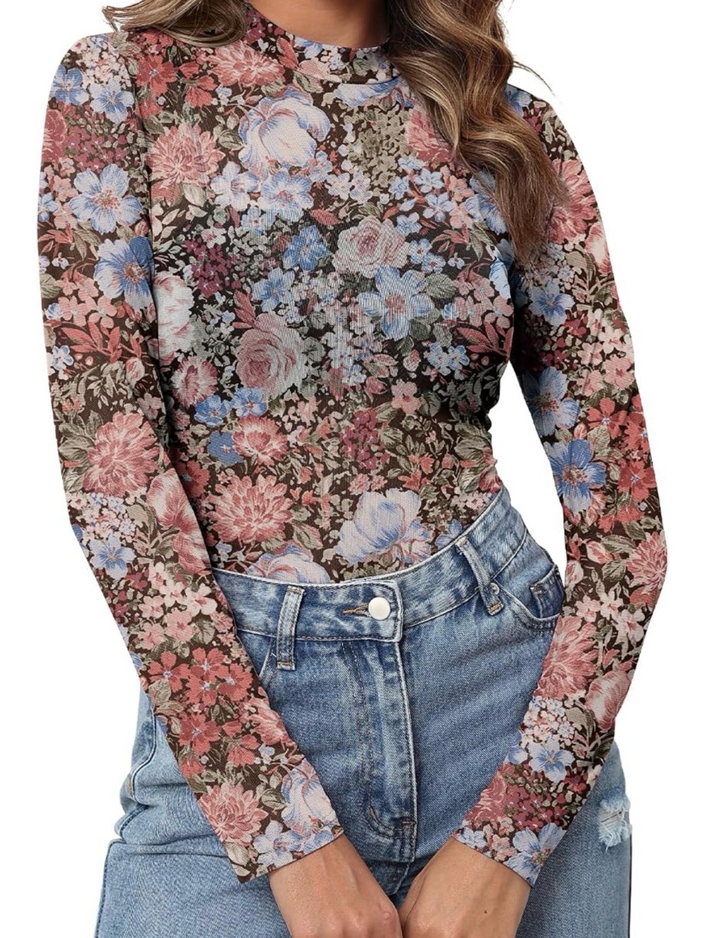 Brand New! Floral Sheer Long-Sleeve Top in Multi Peachy Pink and Blue